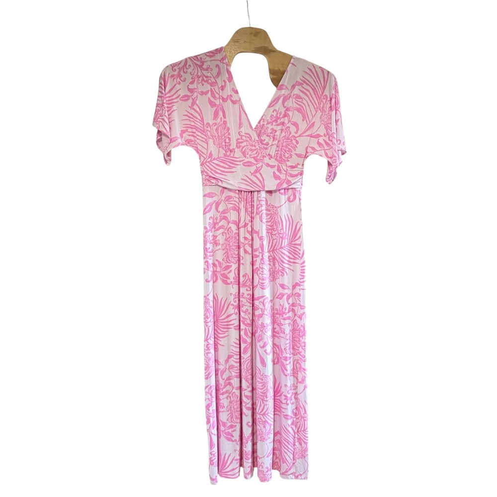 Lilly Pulitzer Pink Tropical Floral Maxi Dress Surplice V-Neck Medium 002083
